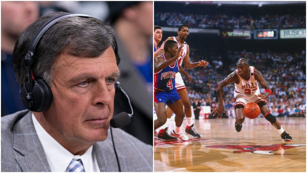 L-R: Boston Celtics legend Kevin McHale calls an NBA game in February 2020; Chicago Bulls star Michael Jordan drives on Detroit Pistons great Joe Dumars during an NBA game in 1989