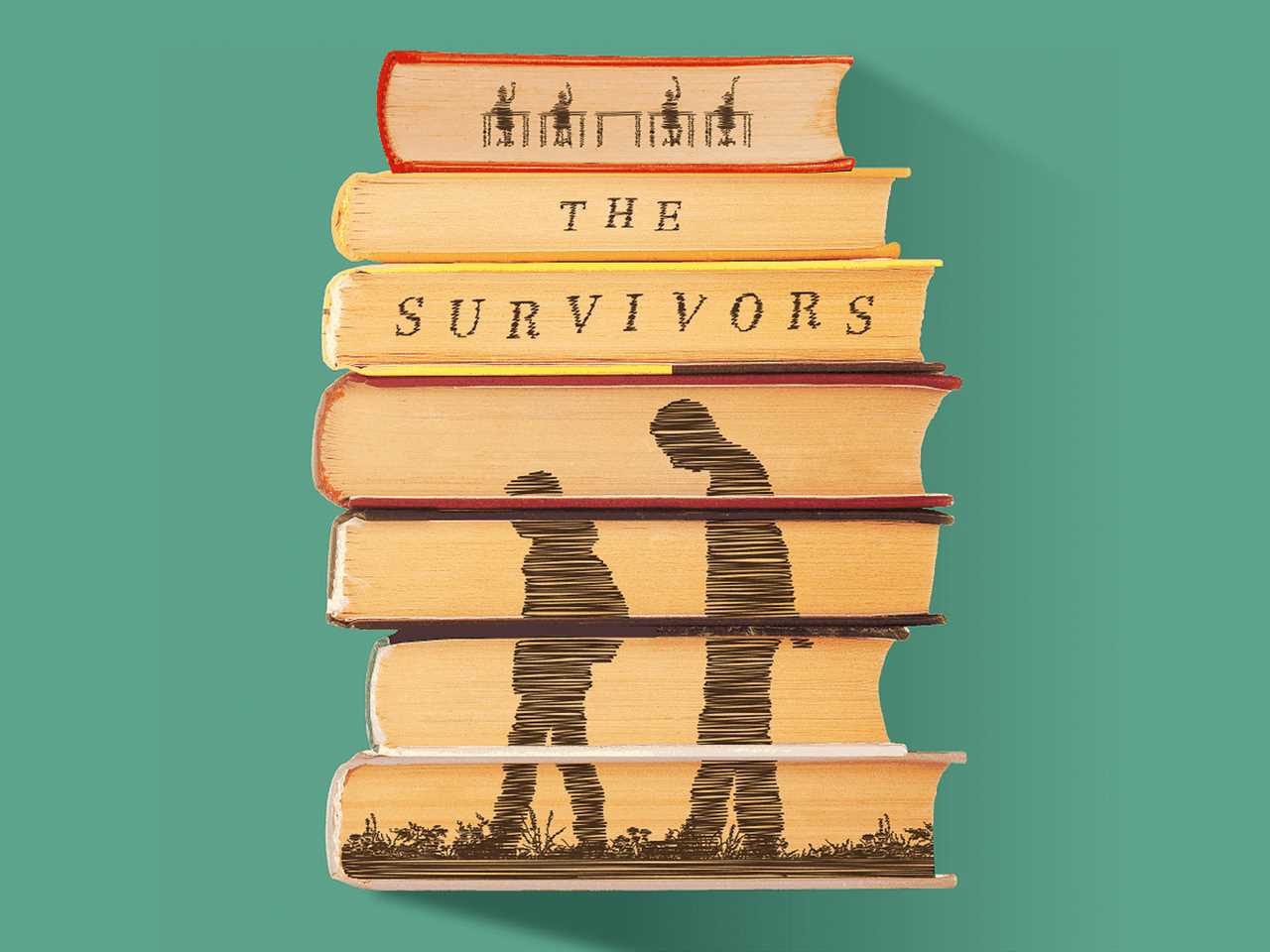 Photo illustration of a stack of books with the words “the survivors” and the silhouettes of two people on the cut sides of the pages.