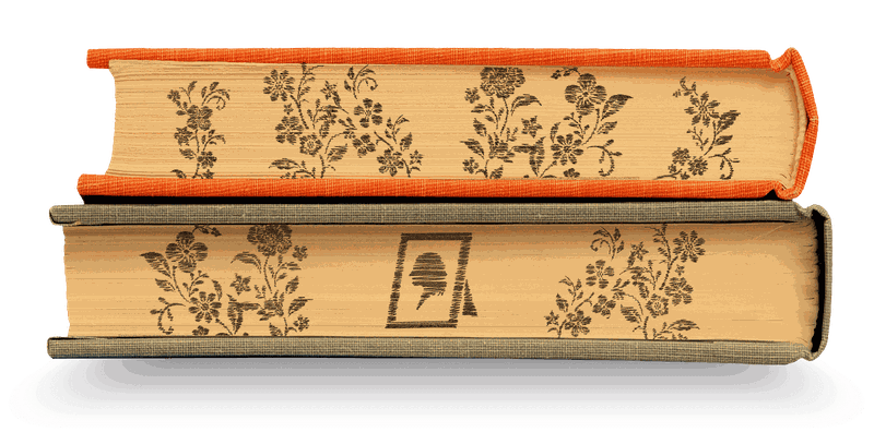 A side view of two bound books shows a drawing made across the ends of their pages, of a portrait frame amid vines and flowers.