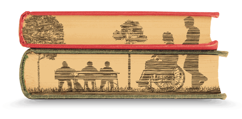 The cut pages of two books bound in red and green are shown, home to a drawing of a person pushing another person in a wheelchair toward seated people surrounded by trees.