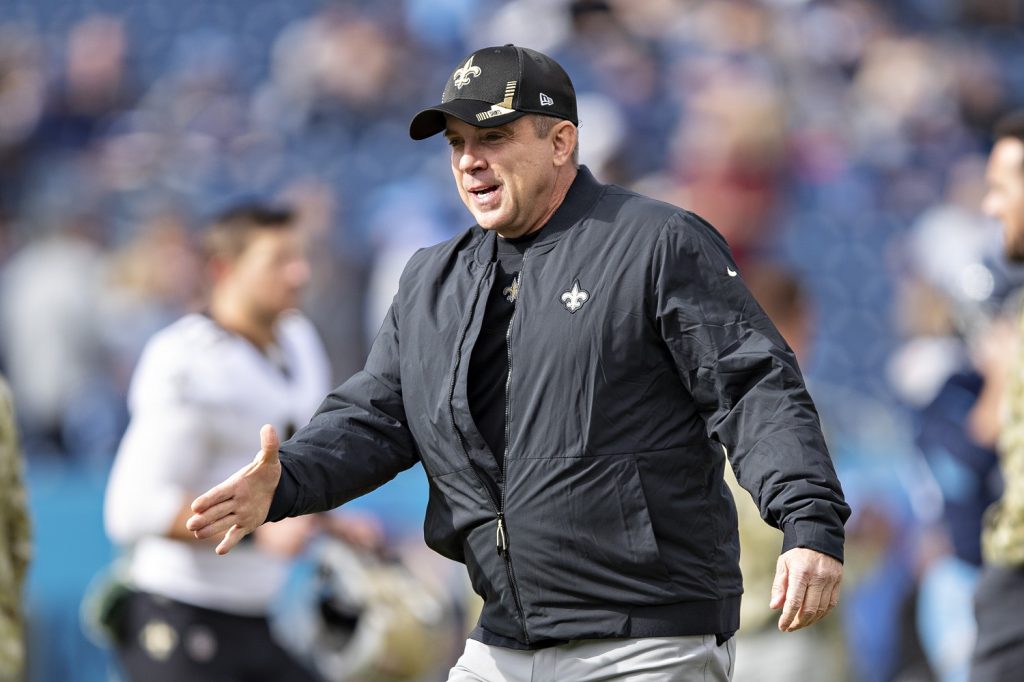 Sean Payton of the New Orleans Saints shakes hands with players before a game against the Tennessee Titans at Nissan Stadium on Nov. 14, 2021. | Wesley Hitt/Getty Images