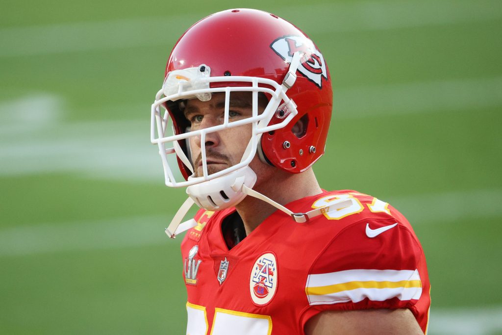 Chiefs tight end Travis Kelce looks on before Super Bowl against the Buccaneers