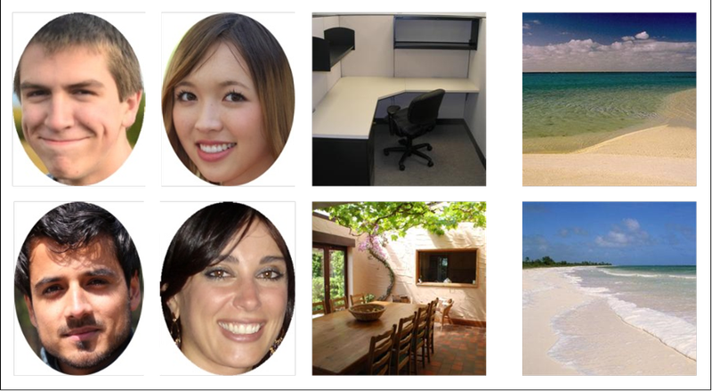 A collection of images depicting human faces; an empty office cubicle; a dining room with a tree in the corner and sunlight illuminating the back wall; two images of a beach, one with yellow sand and calm waters and the other with whiter sand and a gentle surf.