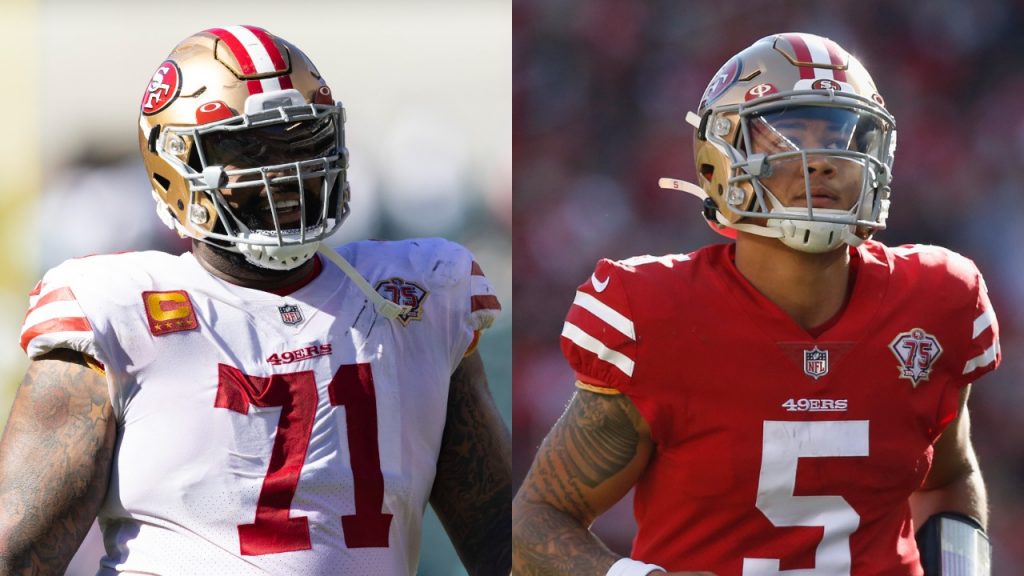 49ers left tackle Trent Williams looks on during a game; Trey Lance in action against the Texans