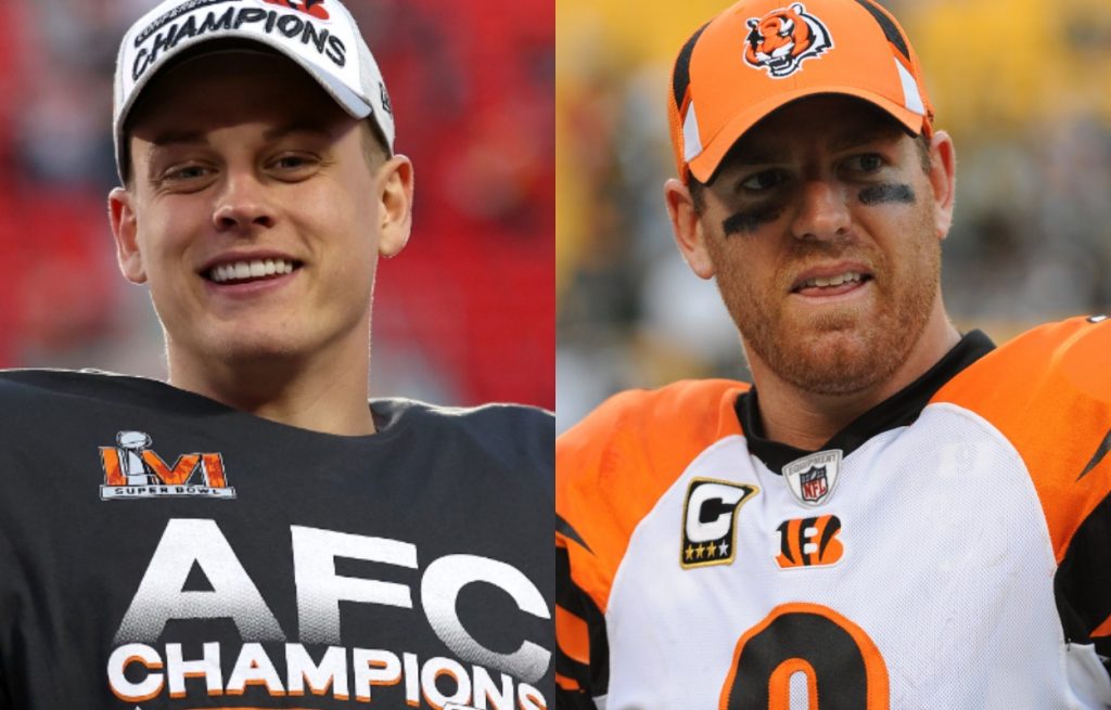 Cincinnati Bengals quarterback Joe Burrow (L) in 2022 and former Bengals quarterback Carson Palmer in 2009.