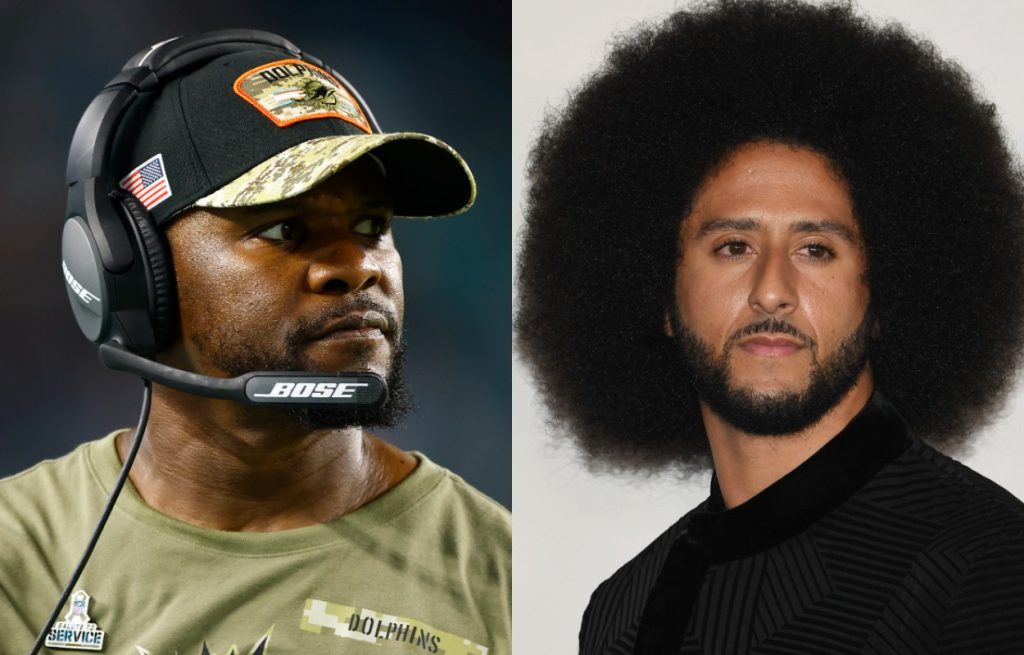Miami Dolphins head coach Brian Flores (L) and Colin Kaepernick in 2021.