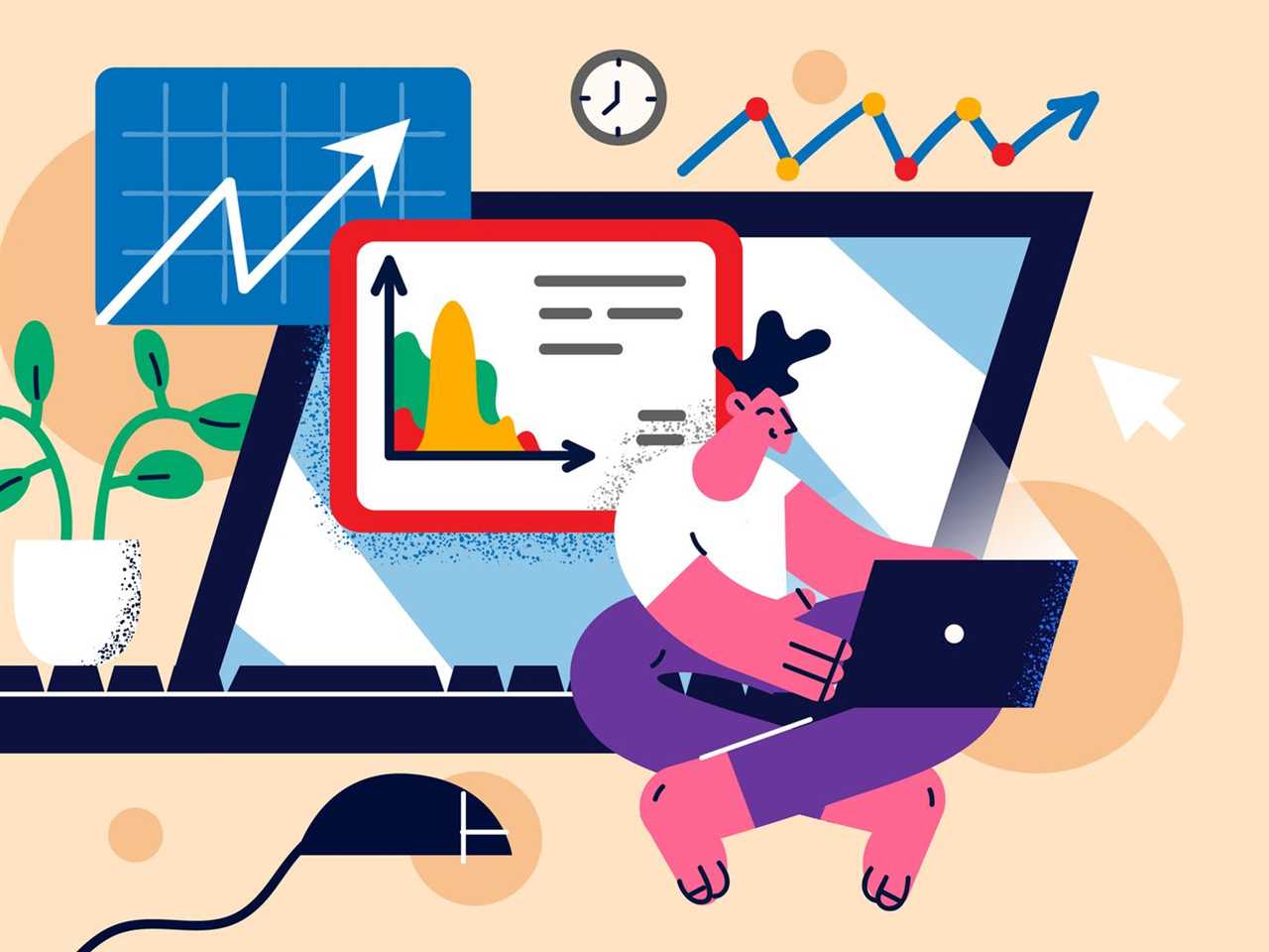 A cartoon of a person sitting on a huge laptop while also looking at the laptop on their lap, surrounded by charts and graphs of data.