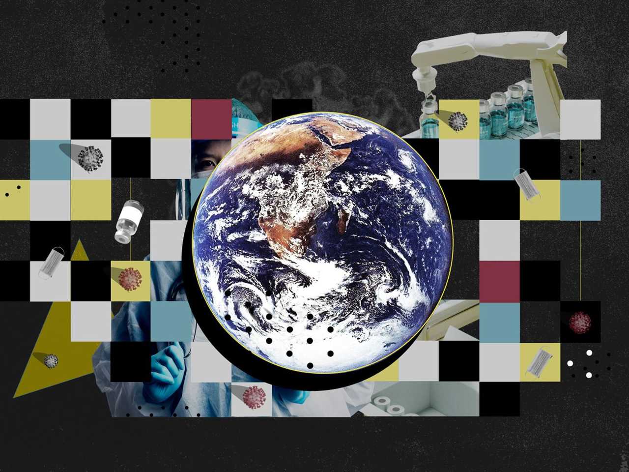 A photo collage of the Earth as seen from space on a checkered background showing pandemic-related images.