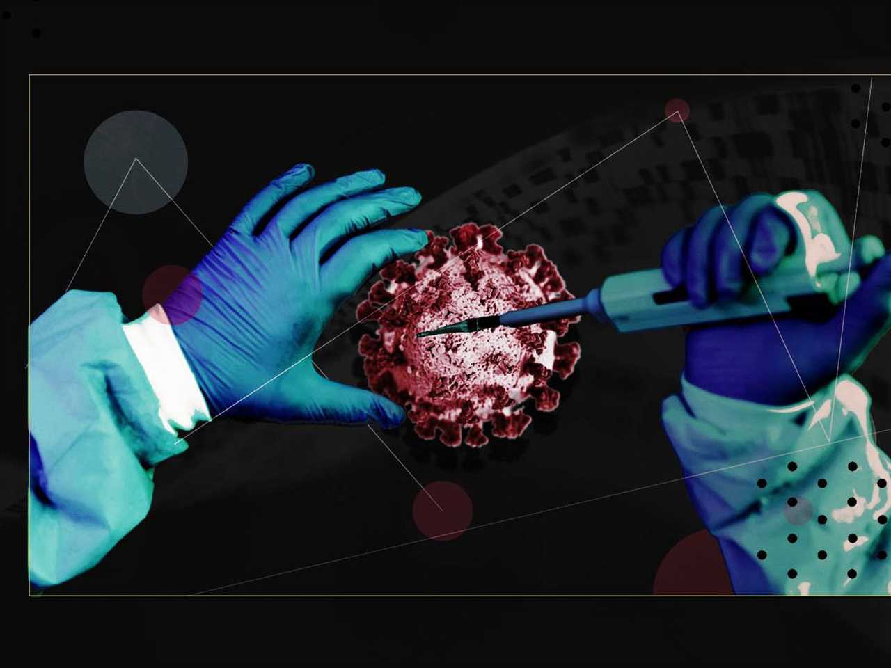 Illustration of two medically gloved hands assaying a softball-sized coronavirus.