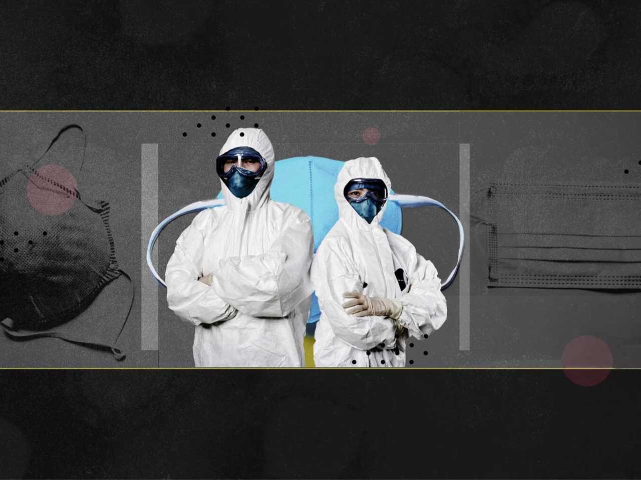 Two health care workers in full PPE — body suit, face mask, and goggles — stand back to back, in front of a stylized image of face masks.