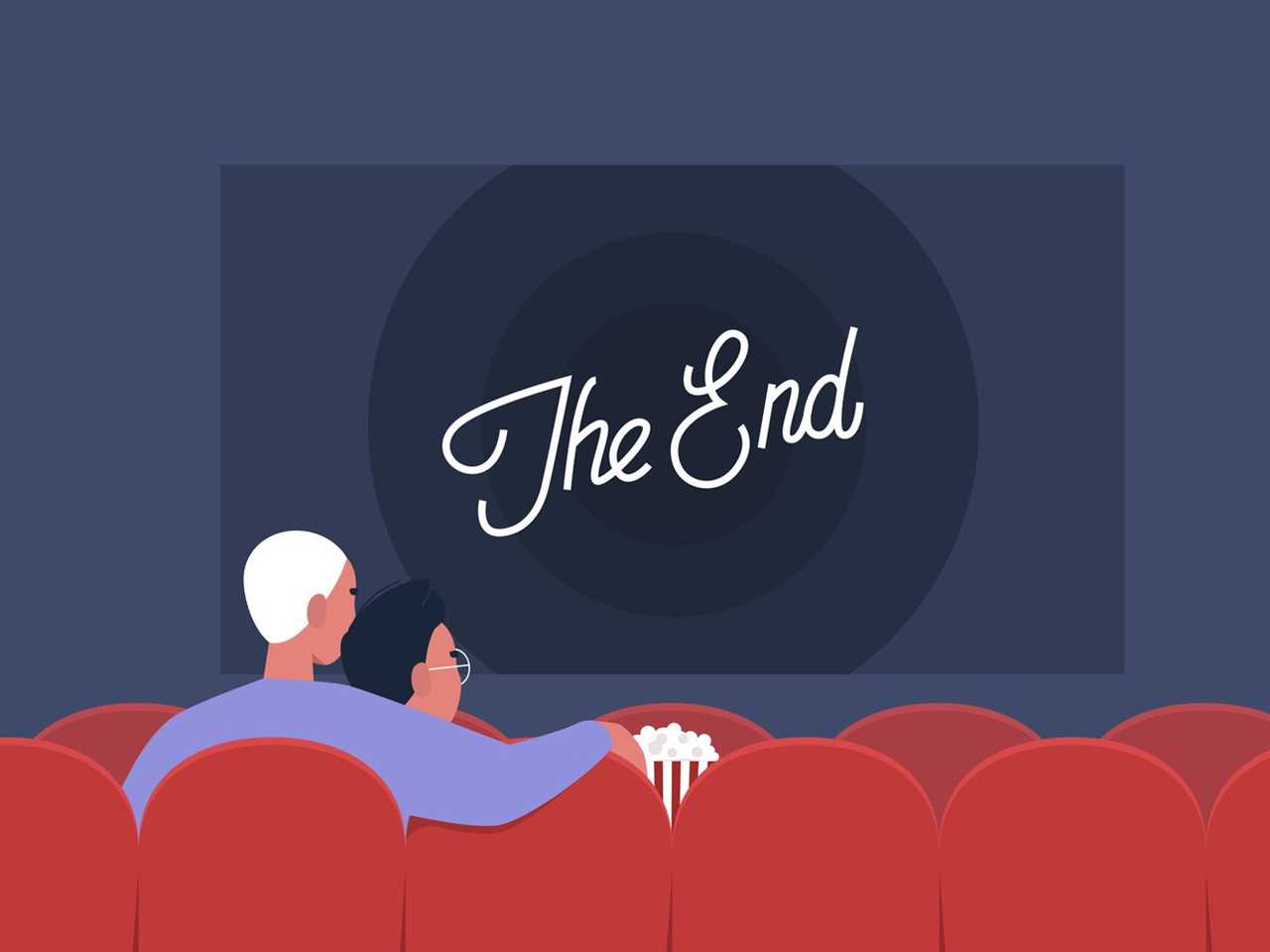 In this illustration, a couple watches a movie in a theater, the words “The End” on the screen.