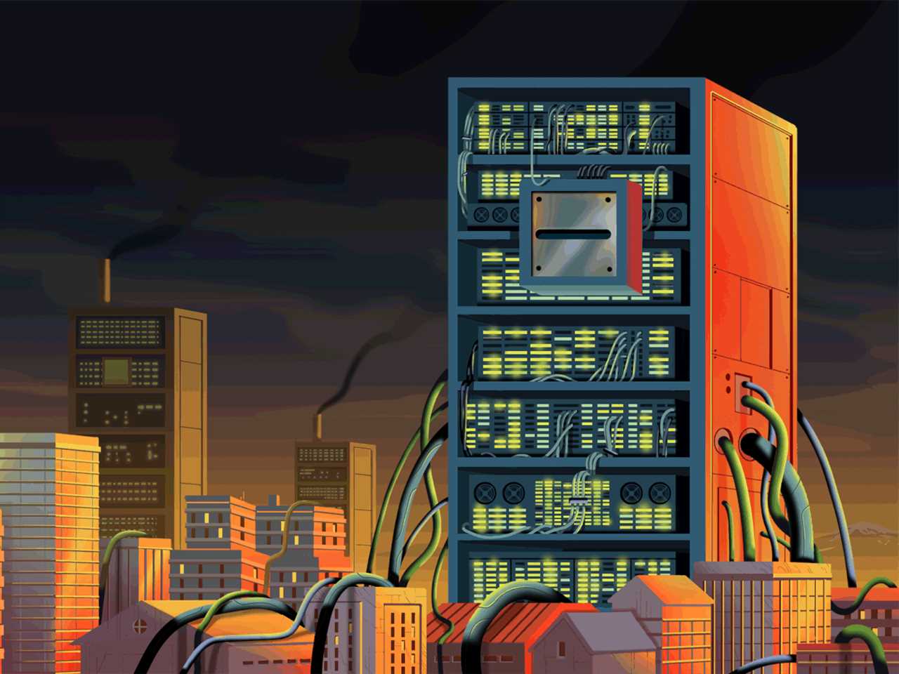 An animated illustration of a huge computer as part of a skyline spitting out gold coins representing cryptocurrency.