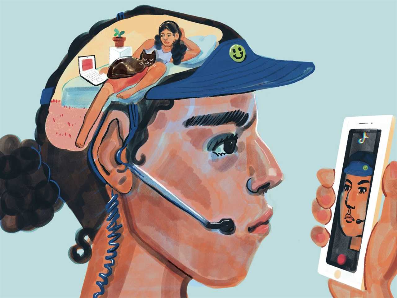 An illustration of a woman, holding a cell phone up to her face while wearing a work hat with microphone headset. We see in her head that she’s thinking about being at home on her couch with her cat and computer.