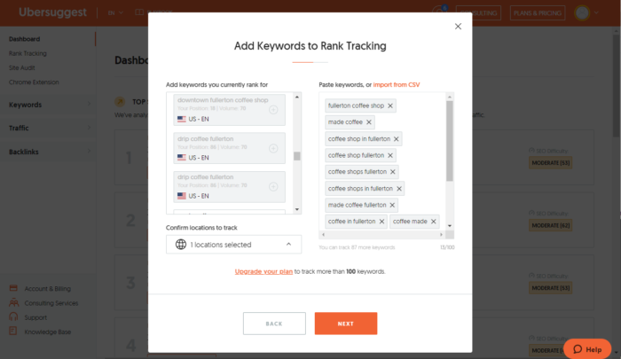 ubersuggest add keywords to rank tracking