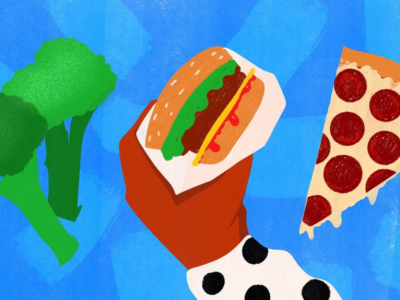 Hand holding a burger, surrounded by broccoli and pizza.