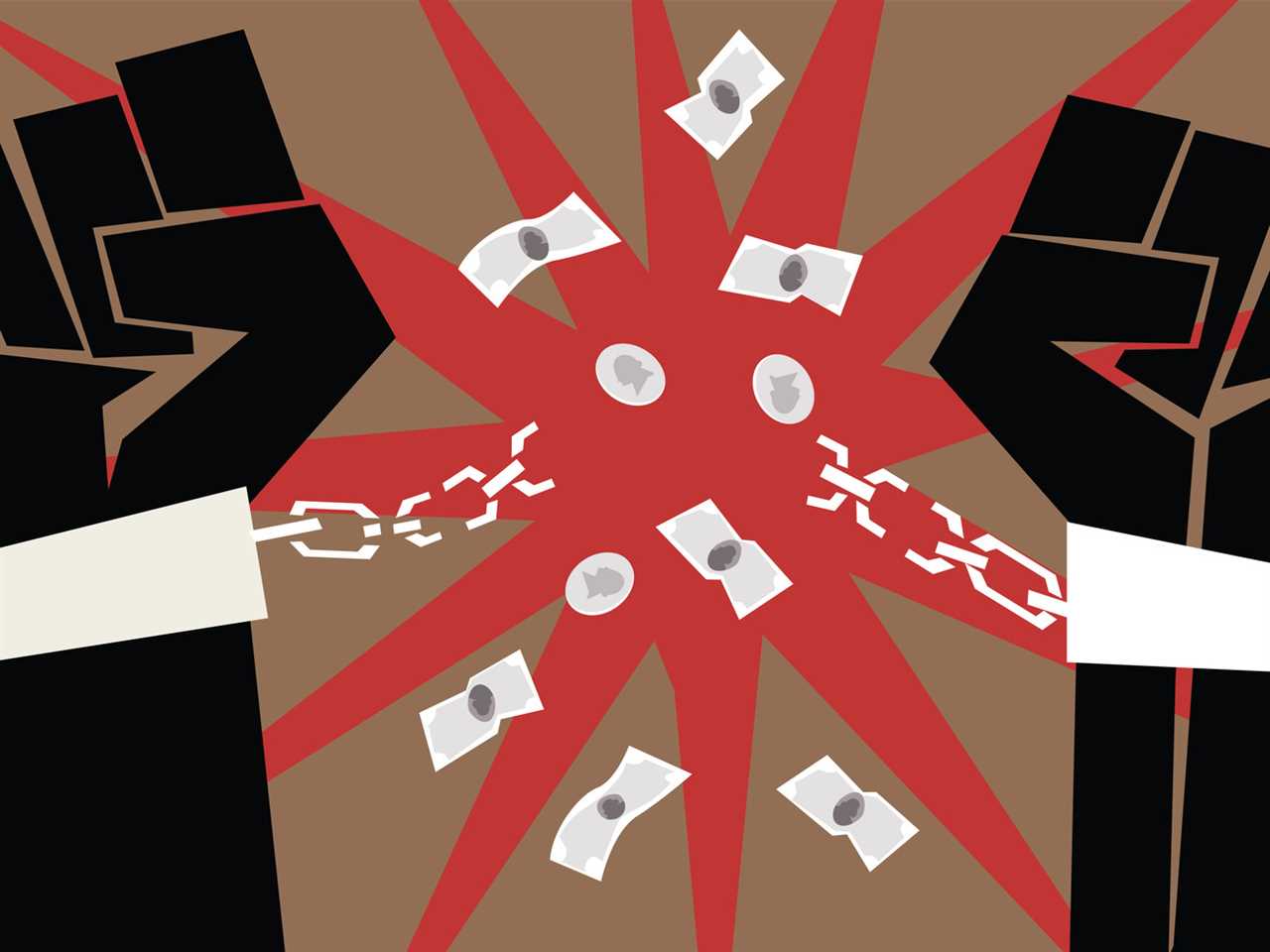 An illustration shows hands breaking chains apart with money.