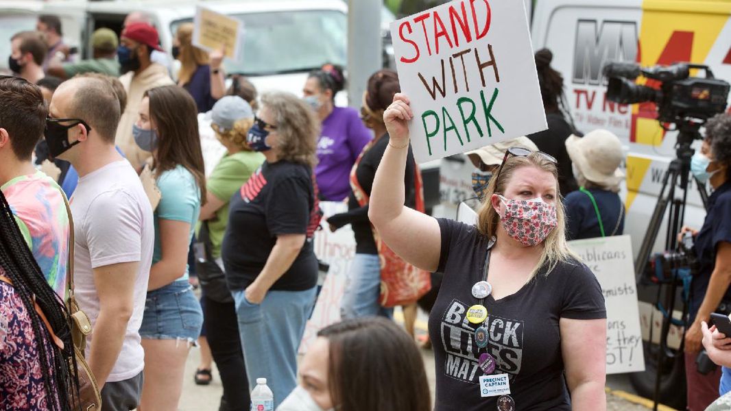 A crowd gathers at City Hall for a rally Saturday, March 27, 2021, to protest the state's overhaul of election law and to show support for state Rep. Park Cannon, who was arrested on the day the governor signed the bill into law. (Photo: Steve Schaefer for The Atlanta Journal-Constitution)