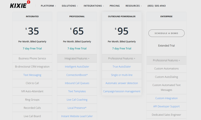 Kixie pricing page for Best Auto Dialer Software