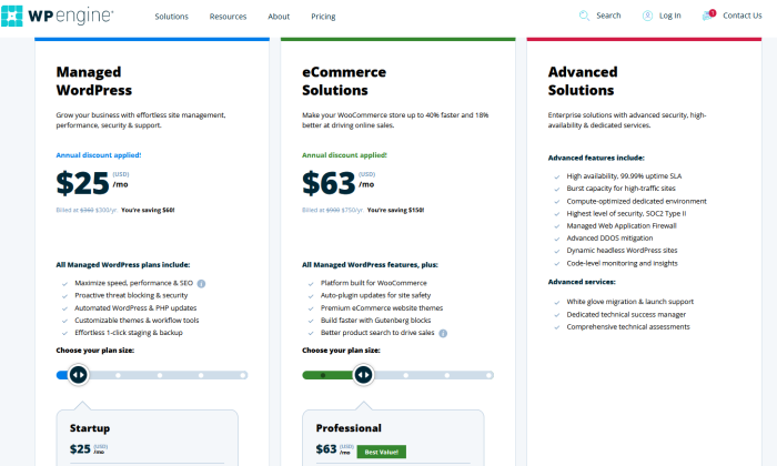 WP Engine pricing page for Best WordPress Hosting