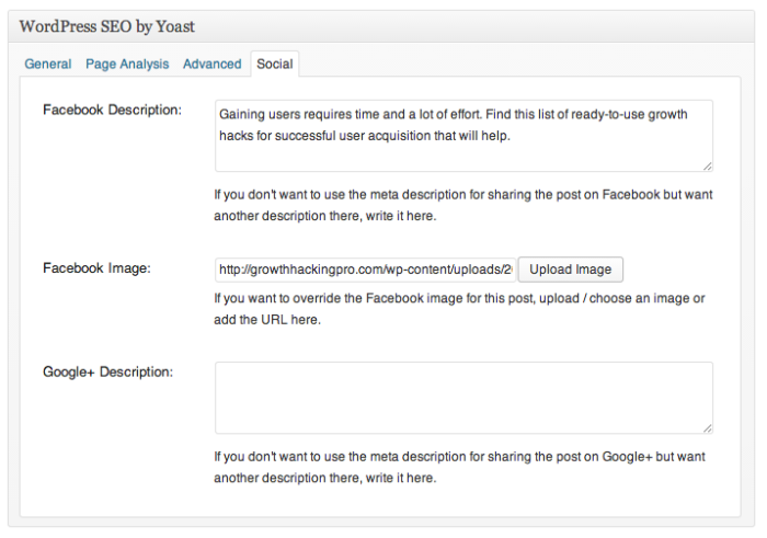 A screenshot of Yoast's social tab.