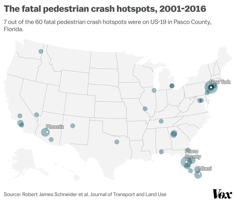 The map shows the fatal pedestrian crash spots identified in Schneider’s paper. Seven of 60 are in Pasco County, Florida.