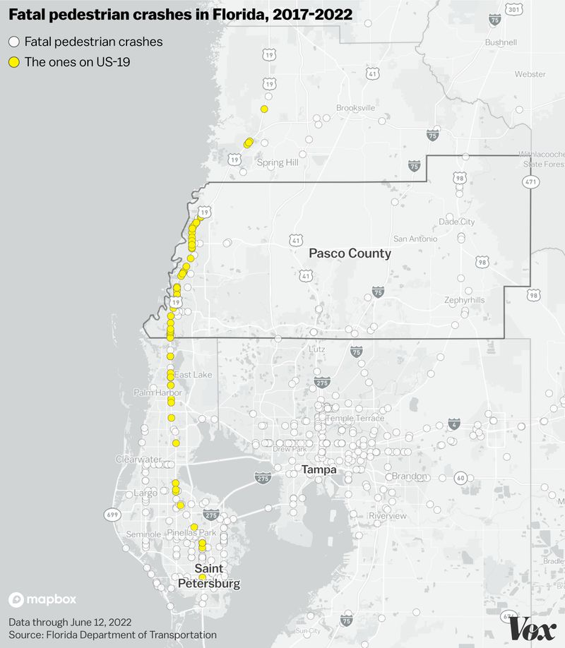 The map shows the fatal pedestrian crash spots in Florida, with yellow dots highlighting those on US-19.