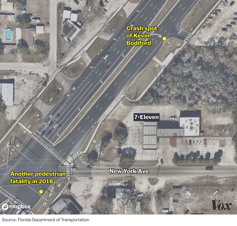 The satellite image shows the location where Kevin Bodiford was killed by a truck on US-19 on June 10, 2021.