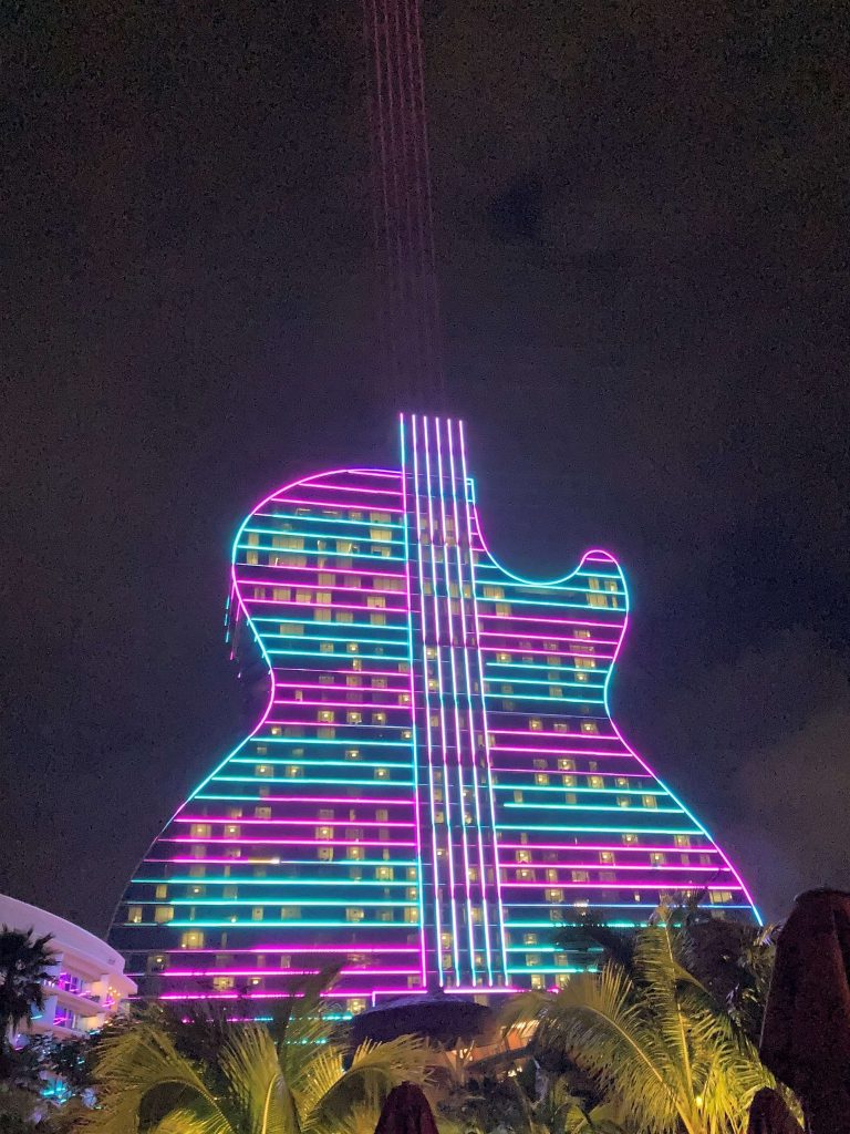 guitar shaped hard rock hotel at night