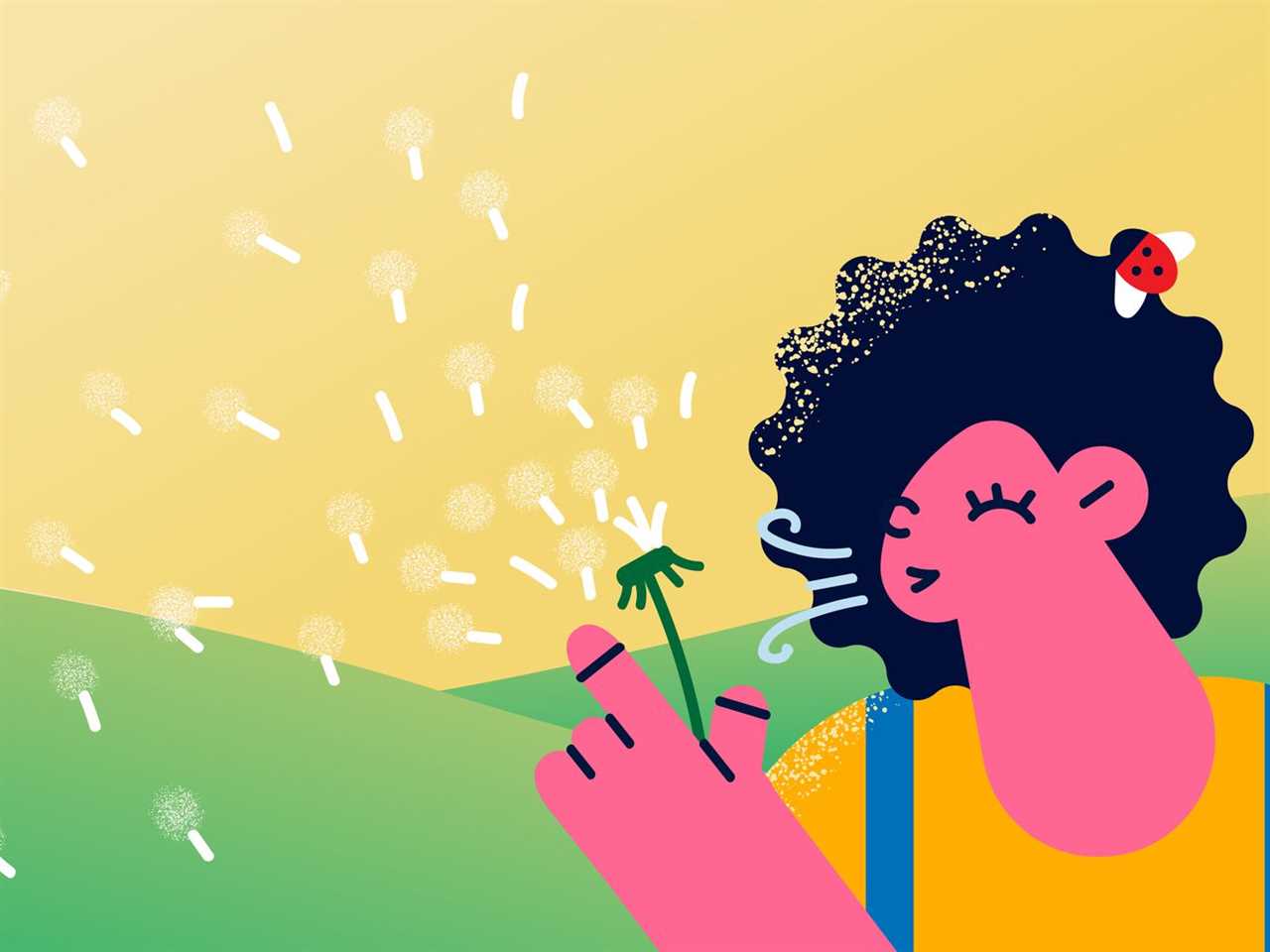 A cartoon drawing of a relaxed girl blowing on a dandelion.