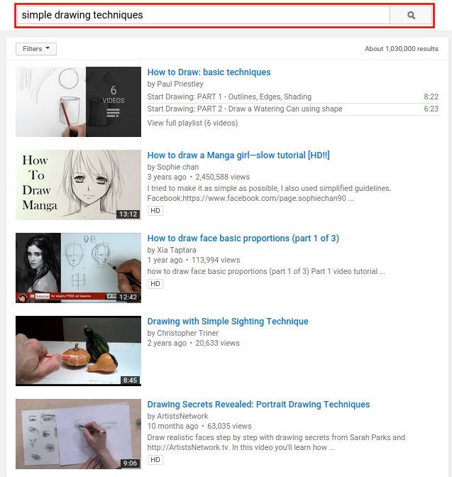 An example of YouTube search results after searching a particular keyword. 