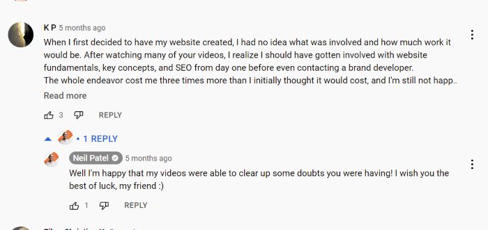 An example of Neil Patel responding to a comment on his YouTube channel. 