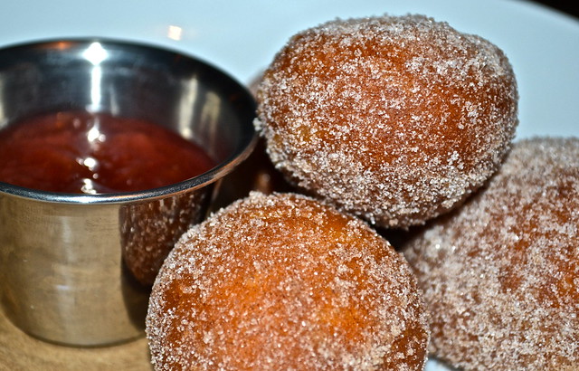 CINNAMON DOUGHNUTS, RHUBARB-LAGER JAM