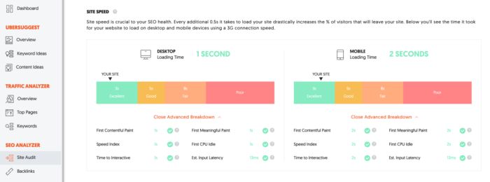 An image of the Ubersuggest site audit function. 