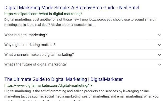 A search engine results page with Neil Patel's article on digital marketing. 