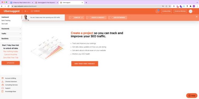 A screenshot of the Ubersuggest SEO audit platform where you can create a project. 