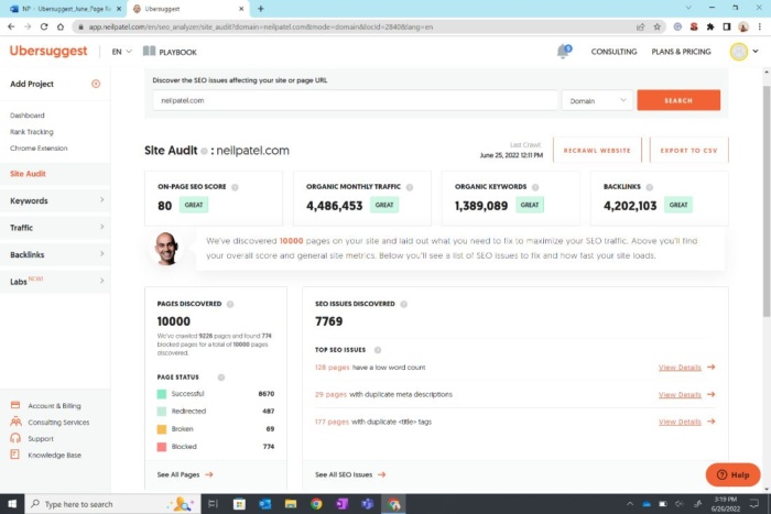 A screenshot of the Ubersuggest SEO audit platform.