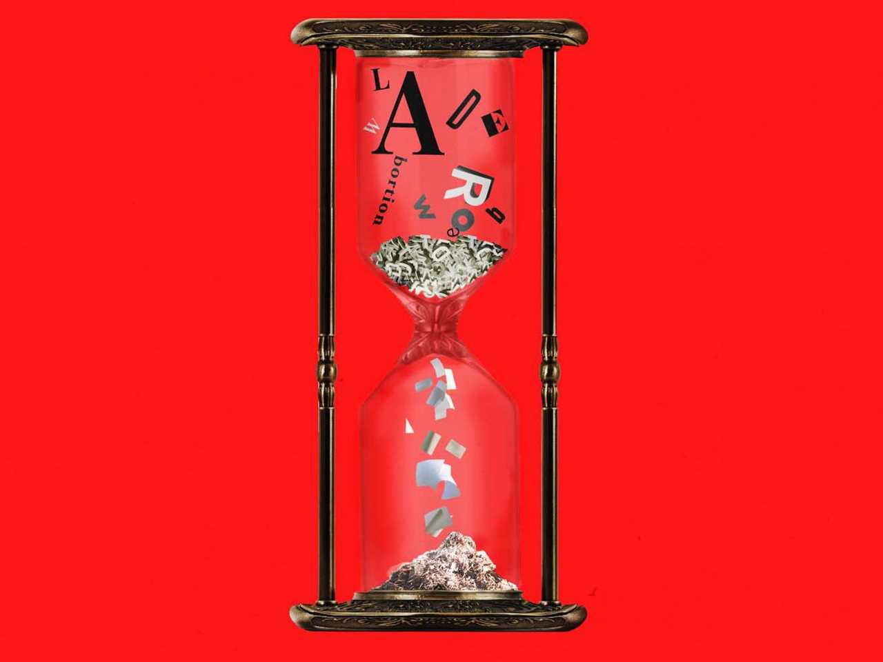 An illustration of an hourglass, with letters spelling words like “abortion” and “Roe” in the top half and pieces of paper falling into the bottom half to make a pile.