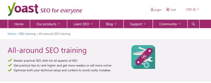 Yoast SEO Training homepage. 