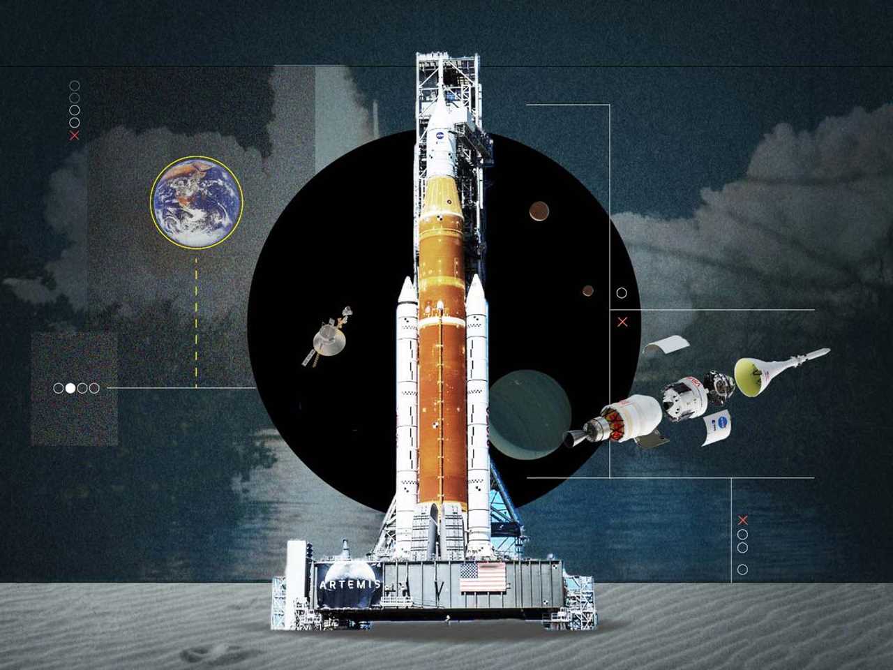 Photocollage of a rocket ship on a launchpad with planets and a spaceship surrounding and behind it. 