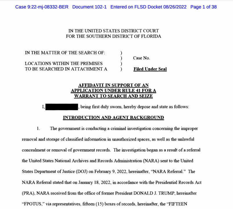 Read the unsealed redacted Mar-a-Lago affidavit