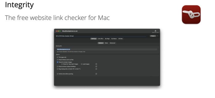 A broken link checker tool named Integrity. 