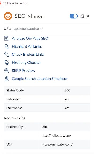 SEO Minion's SEO Chrome extension tool. 