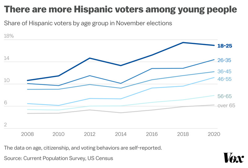 The graphic shows that the share of Hispanic voters is the highest among those between 18 and 25, as compared to other age groups.