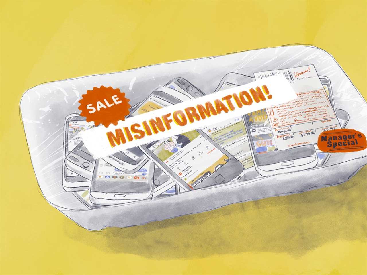 Illustration of a grocery store package that says “Sale: Misinformation!”