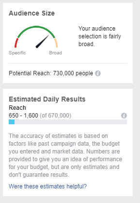 The audience size on Meta Business Manager indicates a potential reach of 730,000 people for a potential ad campaign.