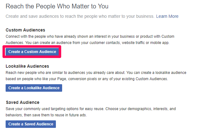 Click the "Create a Custom Audience" button within Meta Business Manager to create custom audience targeting on Facebook.