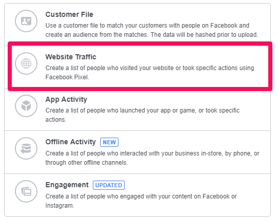 Click the "Website Traffic" button within Meta Business Manager to create custom audience targeting on Facebook.