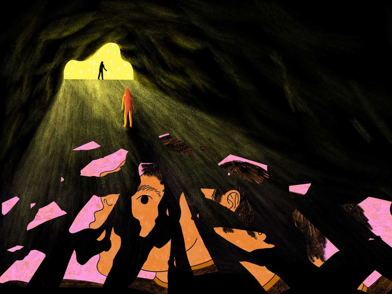 A figure walks out of a dark cave into the light. Shards of a broken picture remain behind them in the cave.