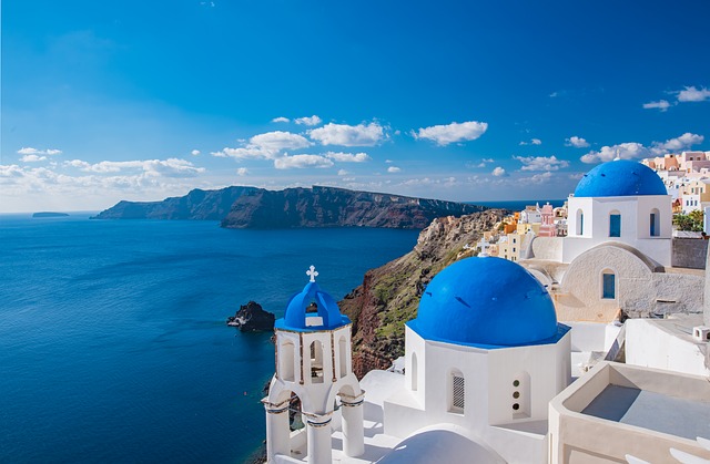 santorini white buildings with blue roof