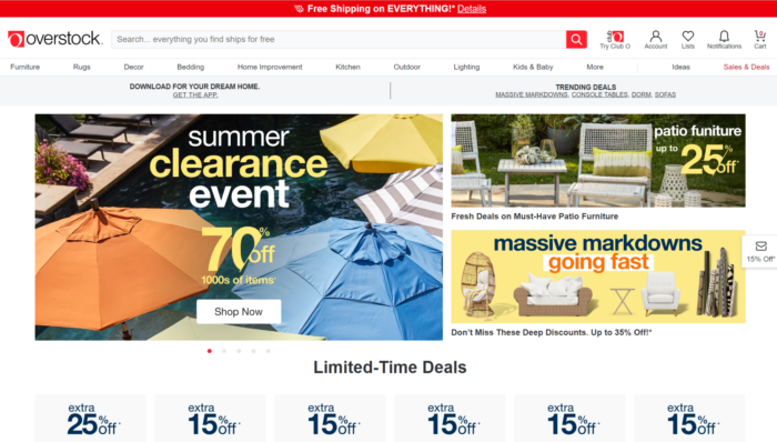 A screenshot of Overstock.com's homepage.